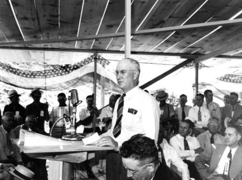 Chief engineer George E Johnson at dedication of Kingsley Dam